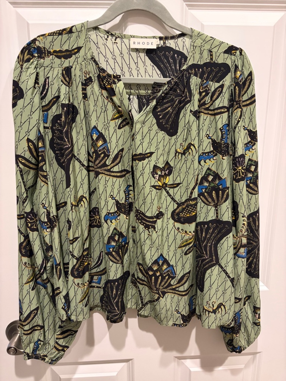 RHODE Sage Green Floral-Abstract Long Sleeve Blouse